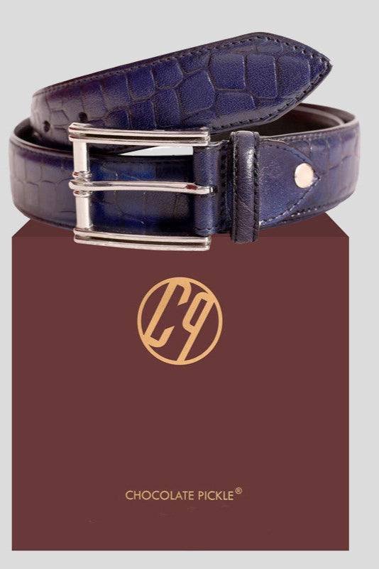 The "Abbott" Navy Croc Embossed Leather Belt