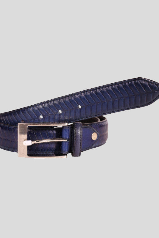 The "Bernard" Navy Chevron Embossed Leather Belt