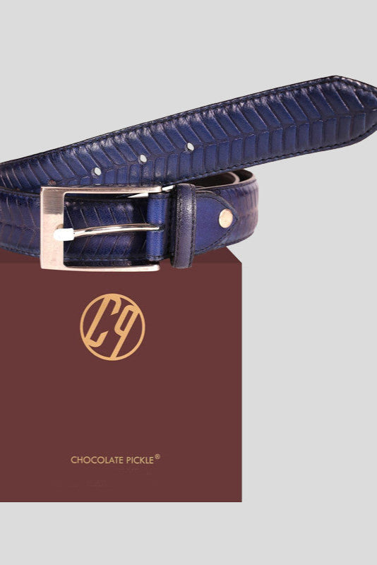The "Bernard" Navy Chevron Embossed Leather Belt