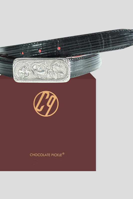 The "Carly" Rose Buckle Belt in Black Lizard-Embossed Leather