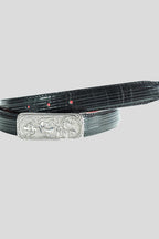 The "Carly" Rose Buckle Belt in Black Lizard-Embossed Leather