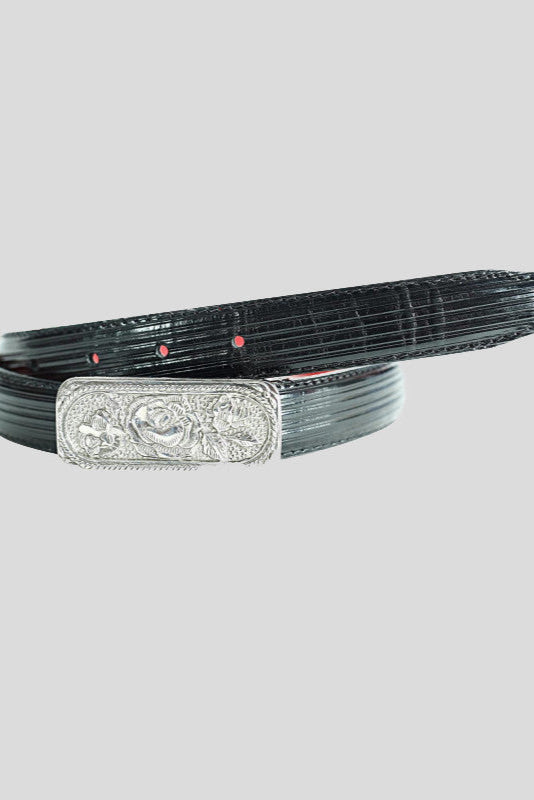 The "Carly" Rose Buckle Belt in Black Lizard-Embossed Leather