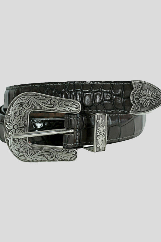 The "Chloe" Vintage Western Belt -  Grey Croc Embossed with Engraved Silver Buckle