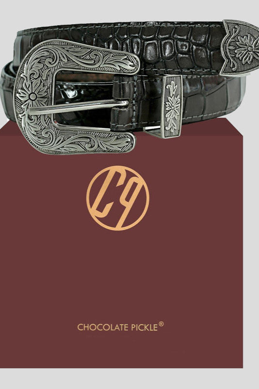 The "Chloe" Vintage Western Belt -  Grey Croc Embossed with Engraved Silver Buckle