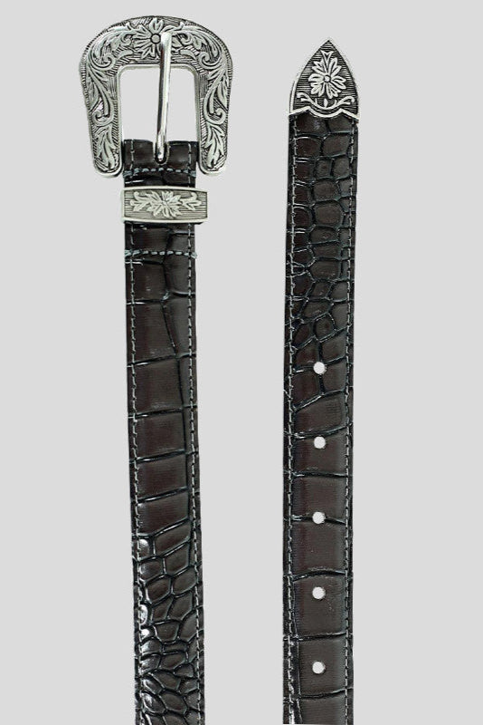 The "Chloe" Vintage Western Belt -  Grey Croc Embossed with Engraved Silver Buckle