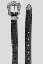 The "Chloe" Vintage Western Belt -  Grey Croc Embossed with Engraved Silver Buckle