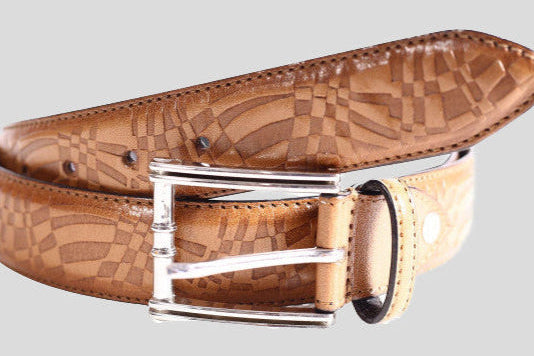 The "Craig" Geometric Embossed Leather Belt in Tan