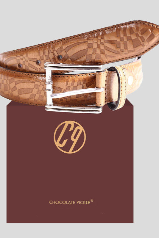 The "Craig" Geometric Embossed Leather Belt in Tan