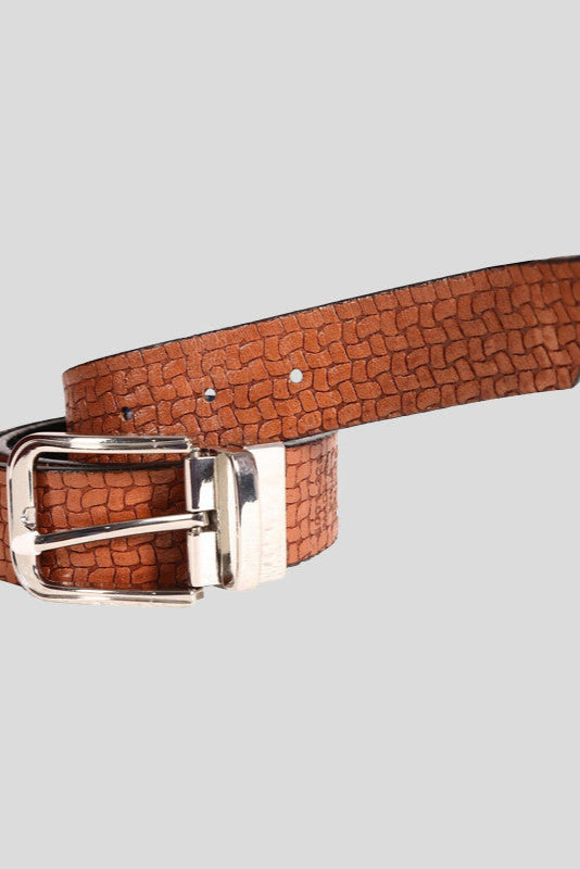 The "Grant" Basketweave Embossed Leather Belt in Cognac with Blue