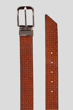 The "Grant" Basketweave Embossed Leather Belt in Cognac with Blue