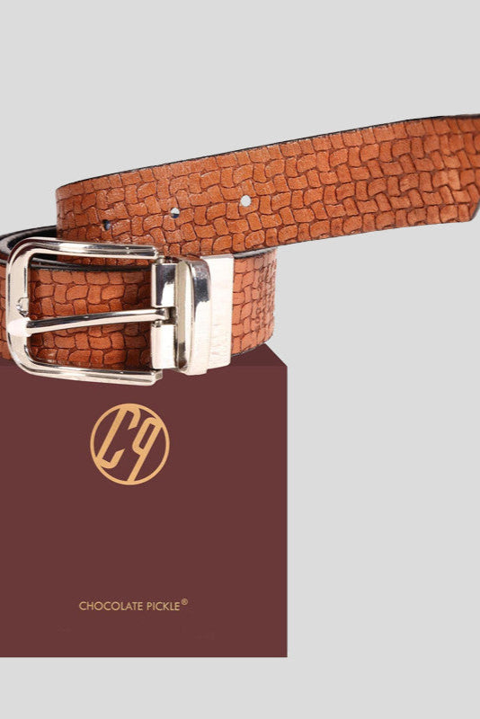 The "Grant" Basketweave Embossed Leather Belt in Cognac with Blue
