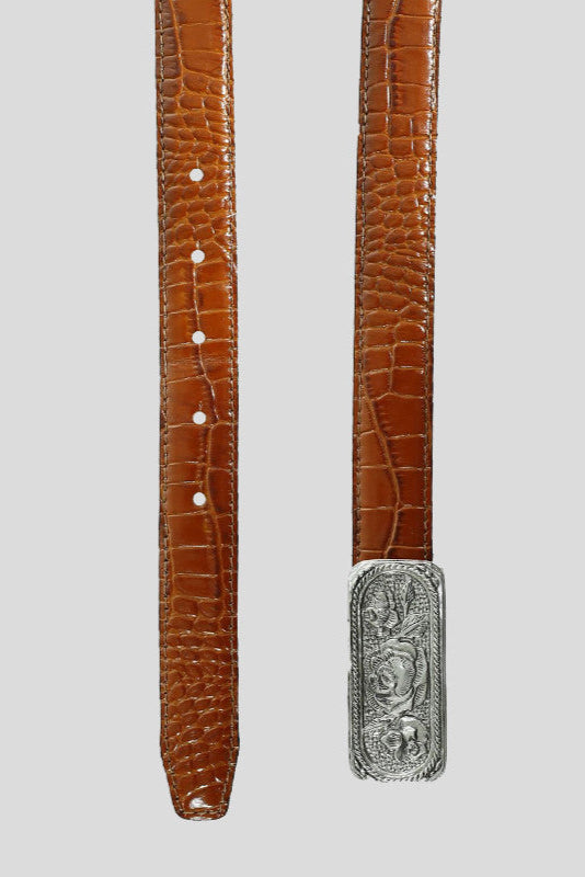 The "Leslie" Floral Buckle Belt in Tan Croc-Embossed Leather