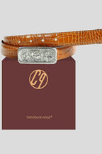 The "Leslie" Floral Buckle Belt in Tan Croc-Embossed Leather
