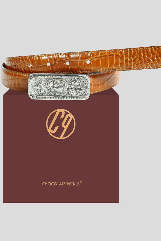 The "Leslie" Floral Buckle Belt in Tan Croc-Embossed Leather