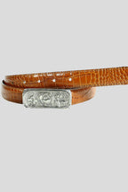 The "Leslie" Floral Buckle Belt in Tan Croc-Embossed Leather