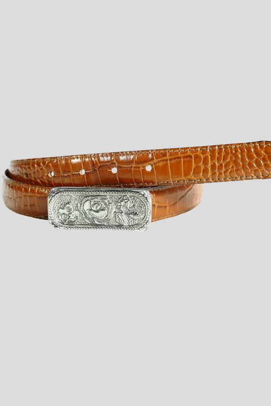 The "Leslie" Floral Buckle Belt in Tan Croc-Embossed Leather