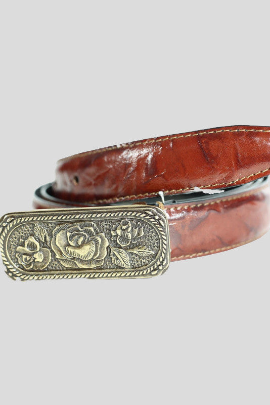 The "Rosalind" Vintage Rose Buckle Belt in Brown Leather