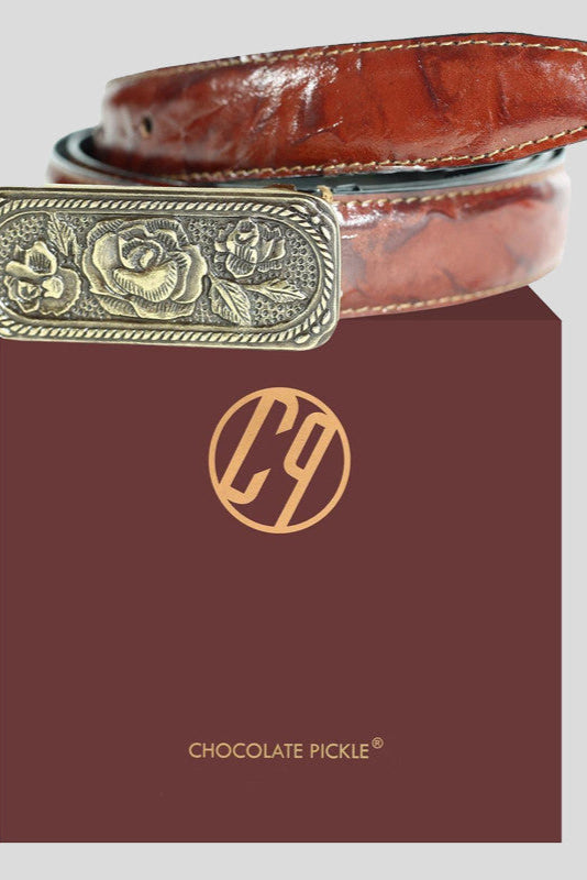 The "Rosalind" Vintage Rose Buckle Belt in Brown Leather